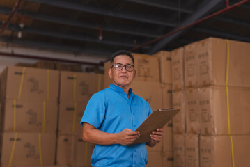 A veteran warehouse manager with clipboard doing inventory inspection. Logistics hub for...