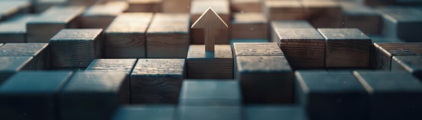 Abstract arrow pointing up on a grid of blocks.