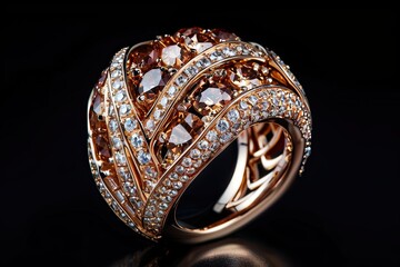 Fototapeta premium Beautiful expensive ring with diamonds on black background