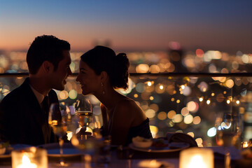  Romantic rooftop dinner with elegant couple enjoying city lights