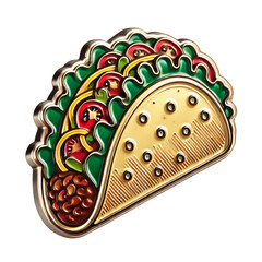 Taco Enamel Pin with Lettuce, Tomatoes, and Cheese, isolated on white background, PNG