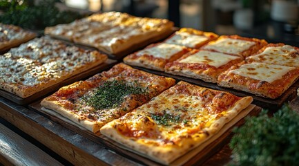 A photo of multiple square pizza concept designs arranged on an elegant wooden tray, showcasing different box shapes and colors with various fillings like cheese or herbs.