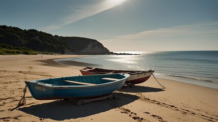 Two boats are parked on a sandy beach under a clear sky.