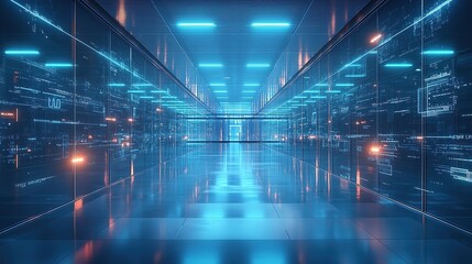 Futuristic Digital Corridor with Neon Blue Glow