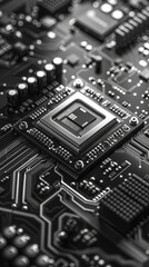 Monochrome View of a CPU Chip and Electronic Components on a Motherboard, Showcasing Hardware Engineering and the Intersection of AI and Blockchain Technology