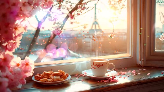 A cup of tea and cookies on a windowsill with pink flowers and a view of the city.
