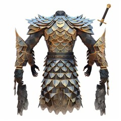 Fototapeta premium 3D Render, Low Poly style of a Persian warrior's scale armor set, on isolated white background, Generative AI