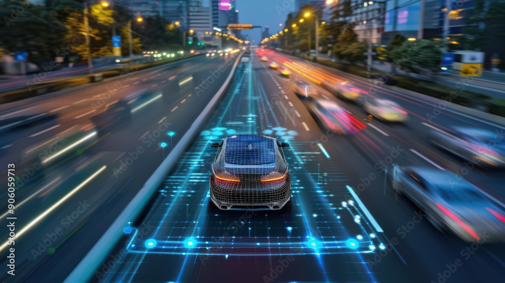 Poster autonomous driving technology, where ai algorithms and sensors navigate urban environments and highw