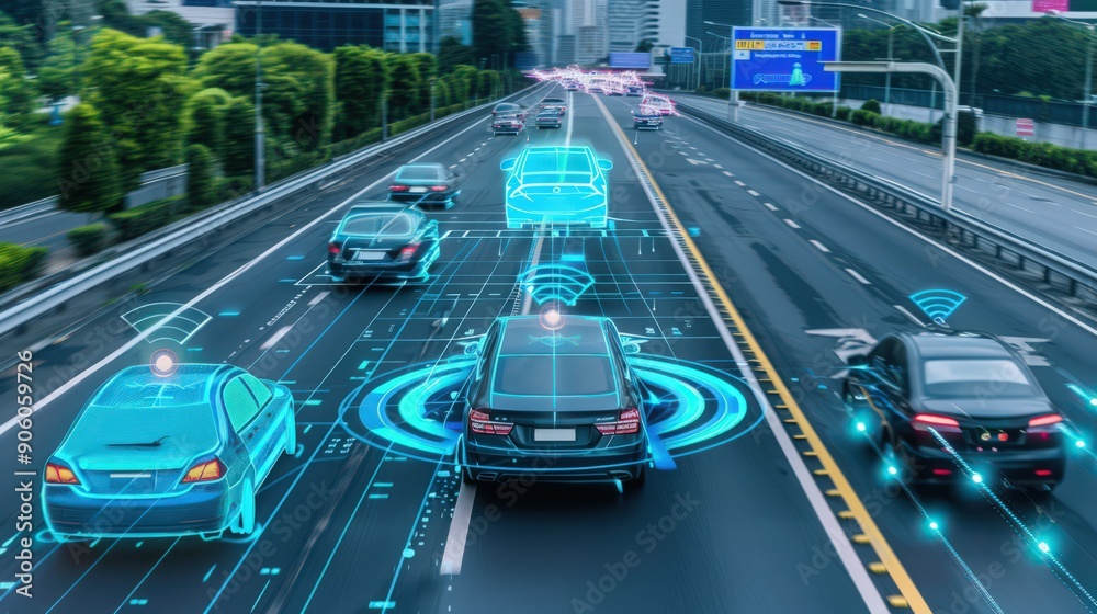 Poster autonomous driving technology, where ai algorithms and sensors navigate urban environments and highw