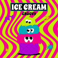 Psychedelic card with character in groovy style. Retro trendy poster. Ice cream groovy. Flat vector element in acid colors.