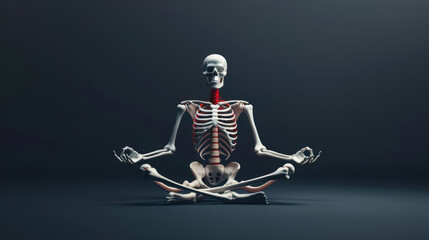 Fototapeta premium Skeleton in a yoga pose, meditating, mindfulness, anatomy, health.