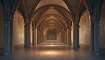 Obraz premium A long, dark, and mysterious hallway with arched ceilings and stone pillars.