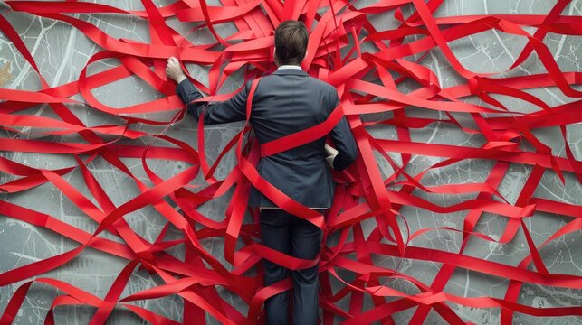 Businessman tangled in a web of red tape, symbolizing financial bureaucracy
