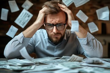 Obraz premium Man Overwhelmed by Bills and Paperwork
