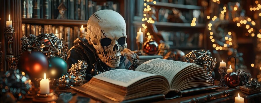 Creepy book club with unsettling tales being read, surrounded by eerie literary-themed ornaments
