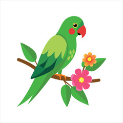 Green vector Parrot Sitting On Branch With Flower art vector