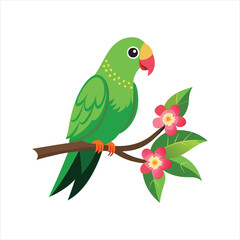 Green vector Parrot Sitting On Branch With Flower art vector