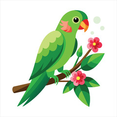 Green vector Parrot Sitting On Branch With Flower art vector