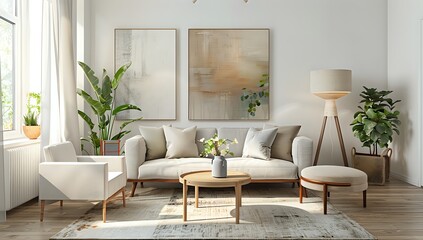 Bright Living Room Interior Design: Featuring Sofa, Armchair, and Wooden Floor