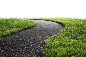 Winding asphalt path through green grass, cut out , ai