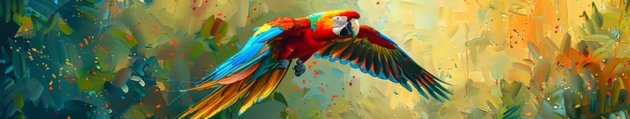 Obraz premium Abstract Macaw Parrot in Flight through a Tropical Jungle, an Artistic Oil Painting Illustration of Avian Freedom and Exuberance.