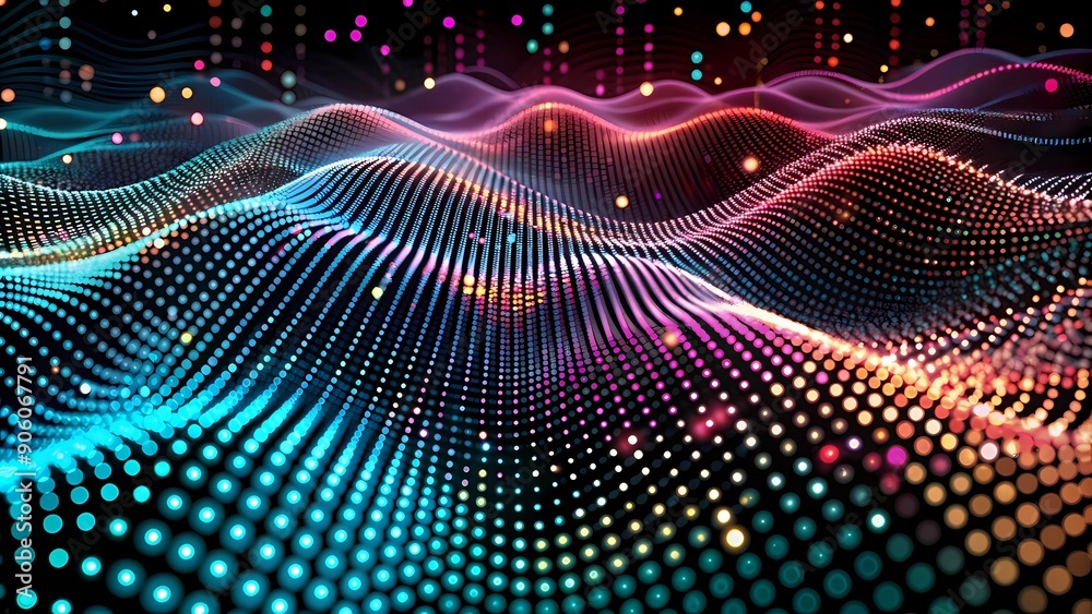 Poster Abstract background design for waving particle technology. Abstract wave moving dots flow particles, hi-tech and big data background