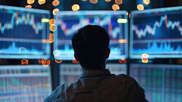 Stock trader working at desk with monitors