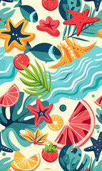 Naklejka premium Vibrant and Colorful Juicy Fruit Pattern Background with Exotic Fruits on a Summer Picnic Theme