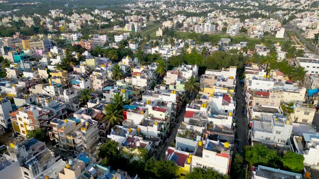 Aerial view of colorful homes in Mysore city, Karnataka state,