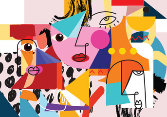 Group of abstract face portrait geometric, doodle, line art hand drawn vector illustration wall art. Aesthetic design poster, cover, wall decoration, cards and background.