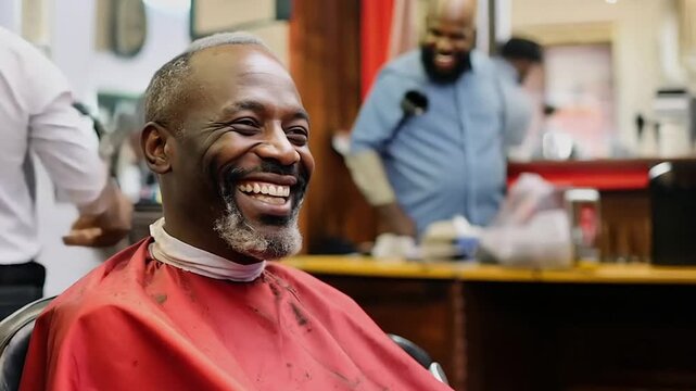 Mature black man at a barbershop smiling