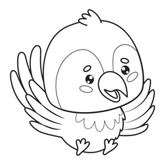 Cute outline flying Ara parrot. Funny cartoon kawaii bird. Line drawing, coloring book. Vector illustration. Kids collection