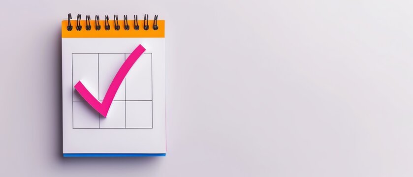 Close-up of a calendar with a pink checkmark, symbolizing completed task or goal. Minimalist design with ample white space for text.