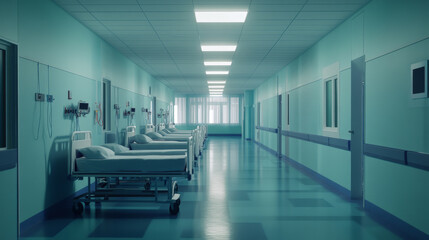Fototapeta premium A contemporary hospital interior with a clean, minimalist aesthetic. The waiting area features modern furniture, soft lighting, and an overall peaceful atmosphere.