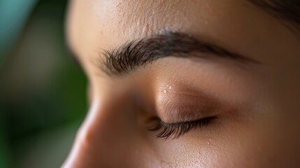 Focus on a single bead of perspiration on a womans brow during a deep meditation