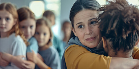 Obraz premium A mother and daughter embrace in a classroom, showcasing the strong bond and affection between them.