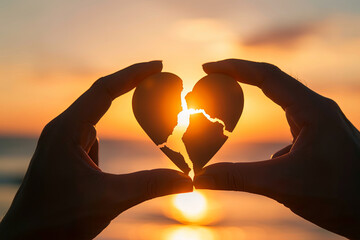 Two hands holding a broken heart against a sunset background. Concept of divorce and heartbreak