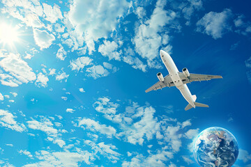 Fototapeta premium Travel concept with airplane in flight against a blue sky with a globe