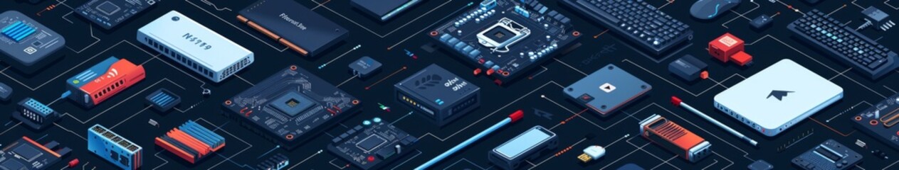 Fototapeta premium Comprehensive Collection of Computer Components and Accessories with Icons, Highlighting Modern Tech Essentials