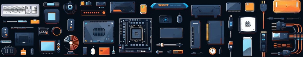 Comprehensive Collection of Computer Components and Accessories with Icons, Highlighting Modern Tech Essentials