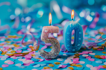 Candles shaped as “50” on a colorful background with confetti. 50th-anniversary celebration
