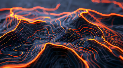 A futuristic topographic map featuring glowing orange lines that trace the contours of a dynamic high tech landscape  The dark background contrasts with the vibrant illuminated lines