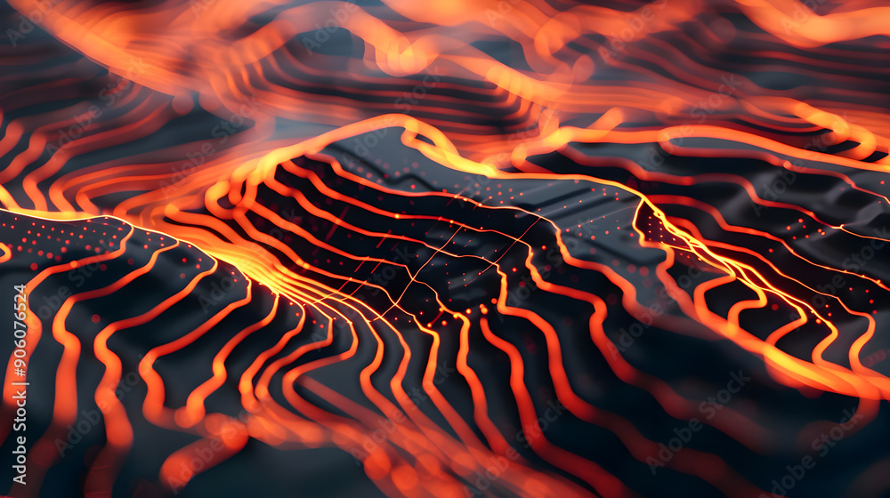 Poster illuminated topographic landscape in futuristic digital environment with vibrant glowing lines an ab