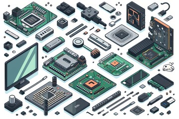 Comprehensive Collection of Computer Components and Accessories with Icons, Highlighting Modern Tech Essentials