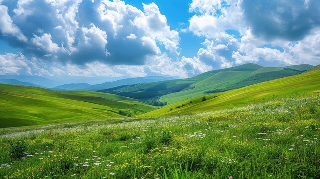 A picturesque landscape featuring rolling hills covered in lush green grass, dotted with wildflowers, under a bright blue sky with fluffy white clouds, capturing the serene beauty of nature