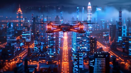 Fototapeta premium a microchip cityscape with drones flying above, symbolizing urban tech evolution.