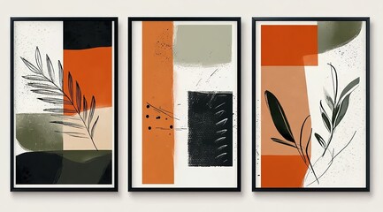 Abstract minimalism, three paintings in a frame, three vertical shapes on a white background