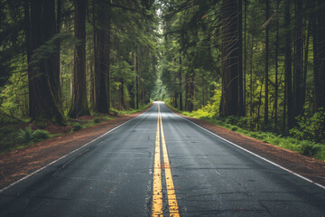 Fototapeta premium Tranquil nature landscape: scenic forest road with trees, highway, and path