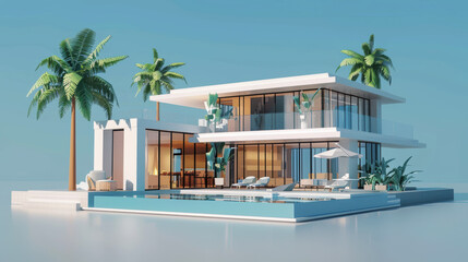 A sleek, modern villa with large glass windows, surrounded by palm trees, presents a luxurious and serene holiday destination with an inviting pool.