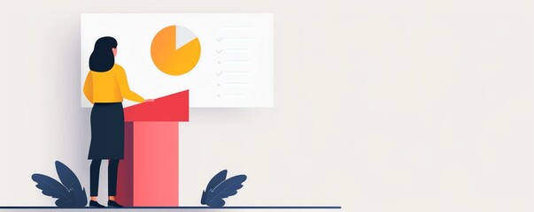 Businesswoman giving a presentation with a pie chart on screen, standing at a podium, minimalistic design, pastel colors.